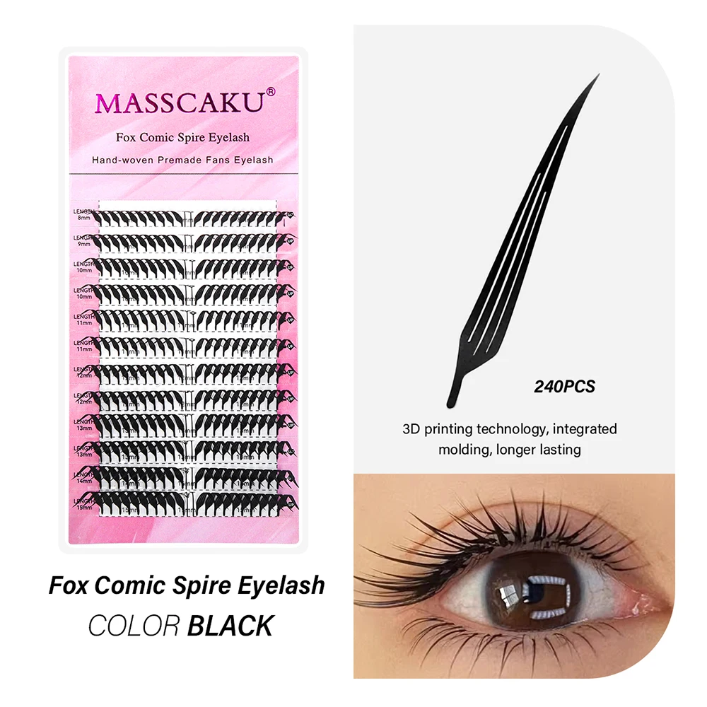 MASSCAKU 푹신한 코믹 스파이어 속눈썹 C/D 컬 0.05mm 깃털 모양의 미리 만들어진 팬 만화 요정 속눈썹 접목 용이