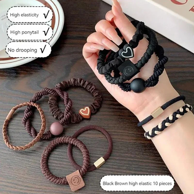10PCS 여성 헤어 링 세트 헤어 액세서리 고탄성 가죽 밴드 간단한 기질 높은 포니 테일 내구성 새로운 스타일