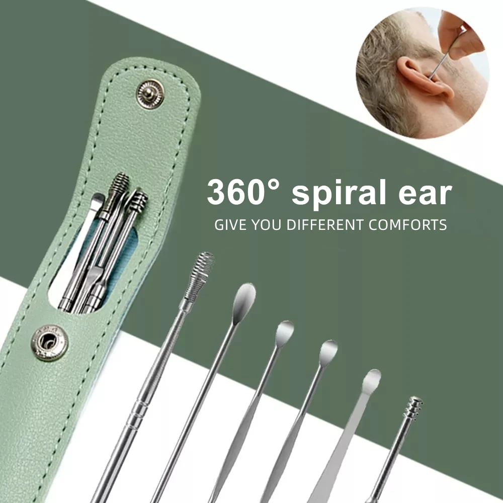 6 개/대 귀 청소기 귀 왁스 피커 스테인레스 스틸 Earpick 왁스 리무버 피어싱 키트 귀지 큐렛 스푼 케어 귀 청소 도구