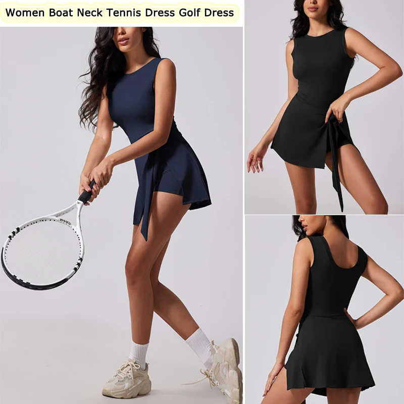VITALINOVO 테니스 드레스 여성용 반바지 내장 여성용 운동복 민소매 보트 넥 활성 운동 Skort Dress