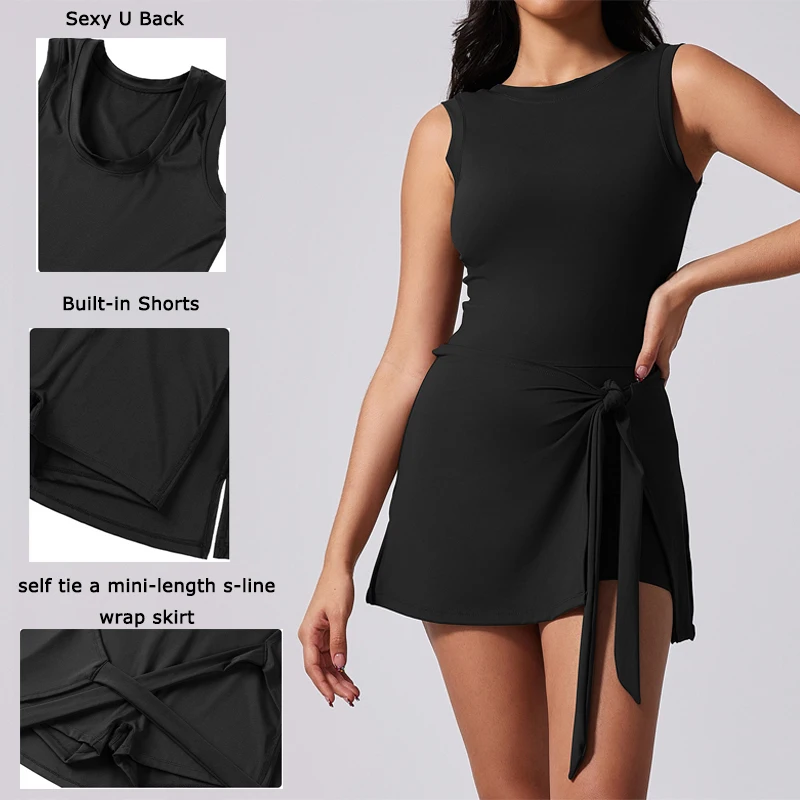 VITALINOVO 테니스 드레스 여성용 반바지 내장 여성용 운동복 민소매 보트 넥 활성 운동 Skort Dress