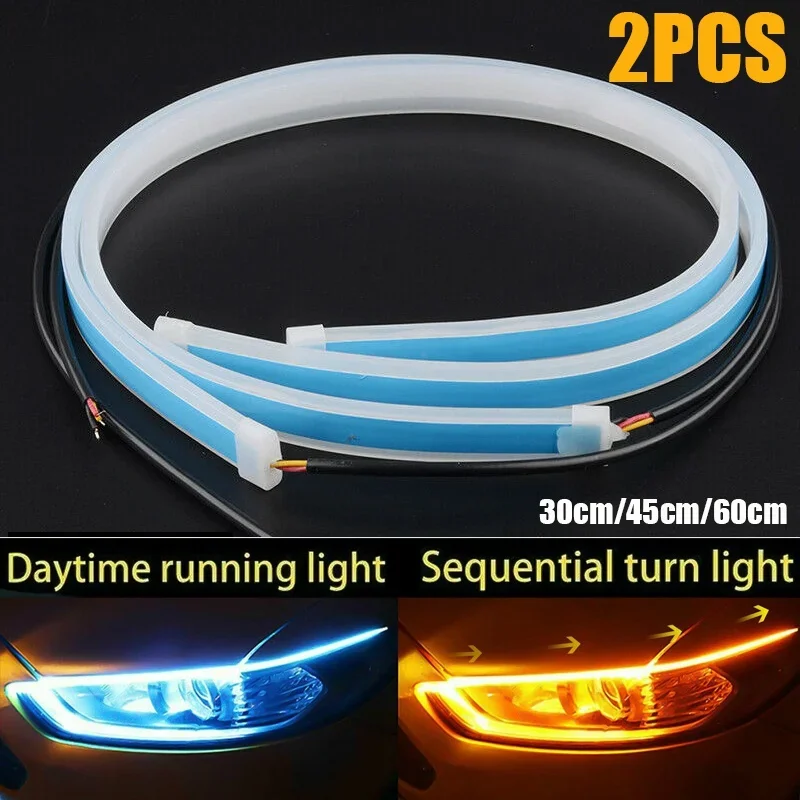 2Pcs 12V Led 가이드 스트립 헤드 라이트 자동차 주간 러닝 조명 차례 신호 전구 DRL 순차 스위치 백 30cm/45cm/60cm
