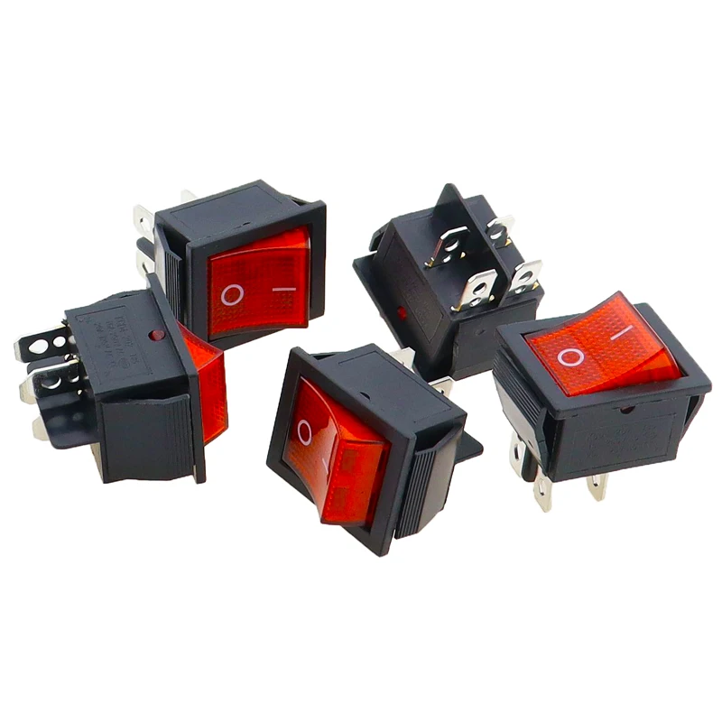 5pcs 2 위치 빨간불 로커 스위치 16A/250V KCD4-20 4 핀 ON/OFF 토글 스위치 35x25.5x10mm