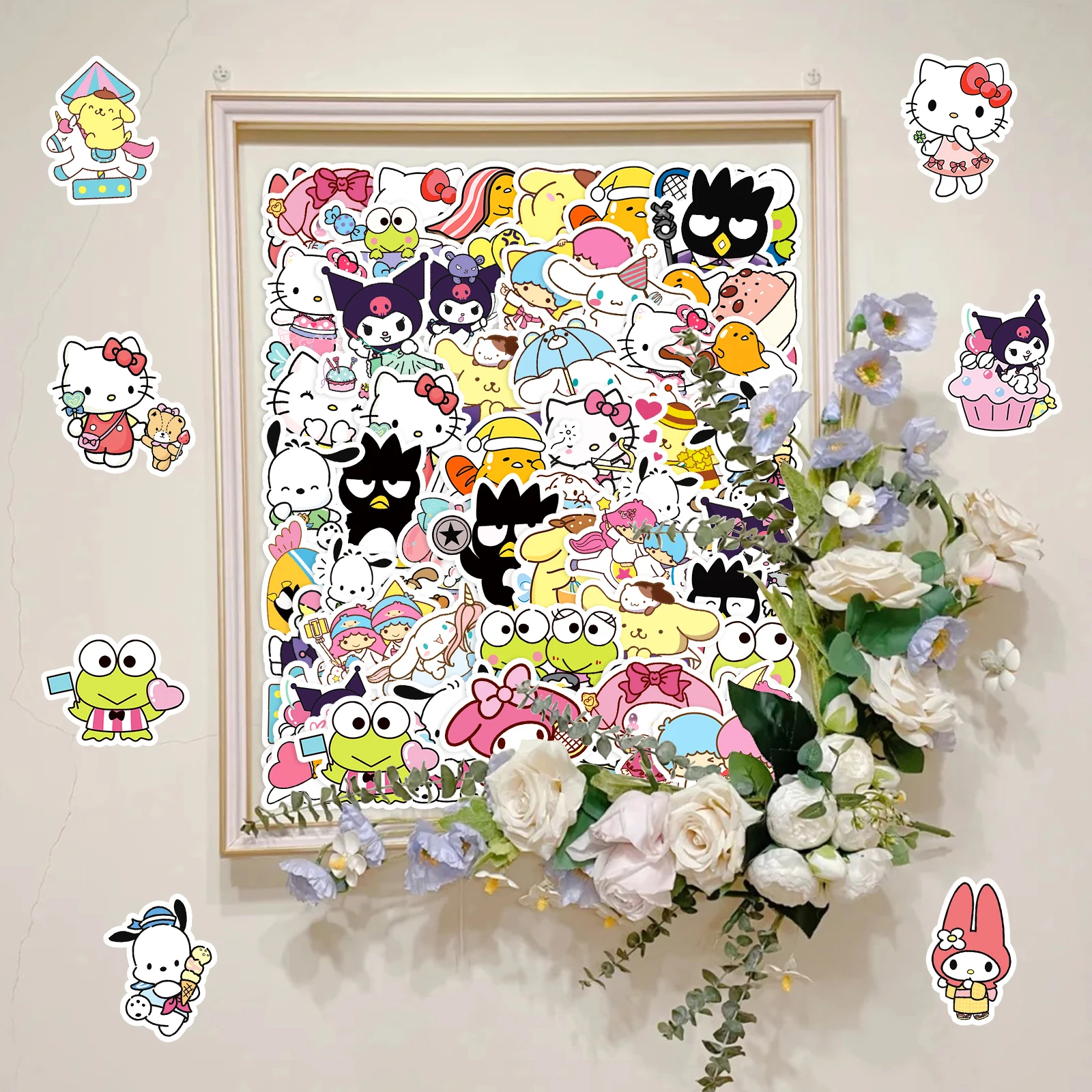 50 조각 MINISO 재미 있은 귀여운 Sanrio 가족 Cinnamoroll 멜로디 Hellokitty 혼합 스티커 DIY For Phones 노트북 자동차 스티커