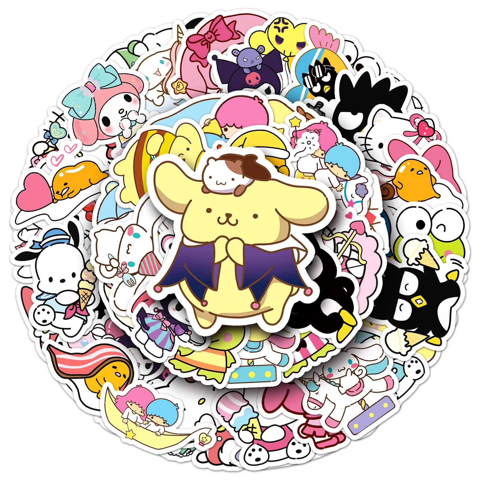 50 조각 MINISO 재미 있은 귀여운 Sanrio 가족 Cinnamoroll 멜로디 Hellokitty 혼합 스티커 DIY For Phones 노트북 자동차 스티커