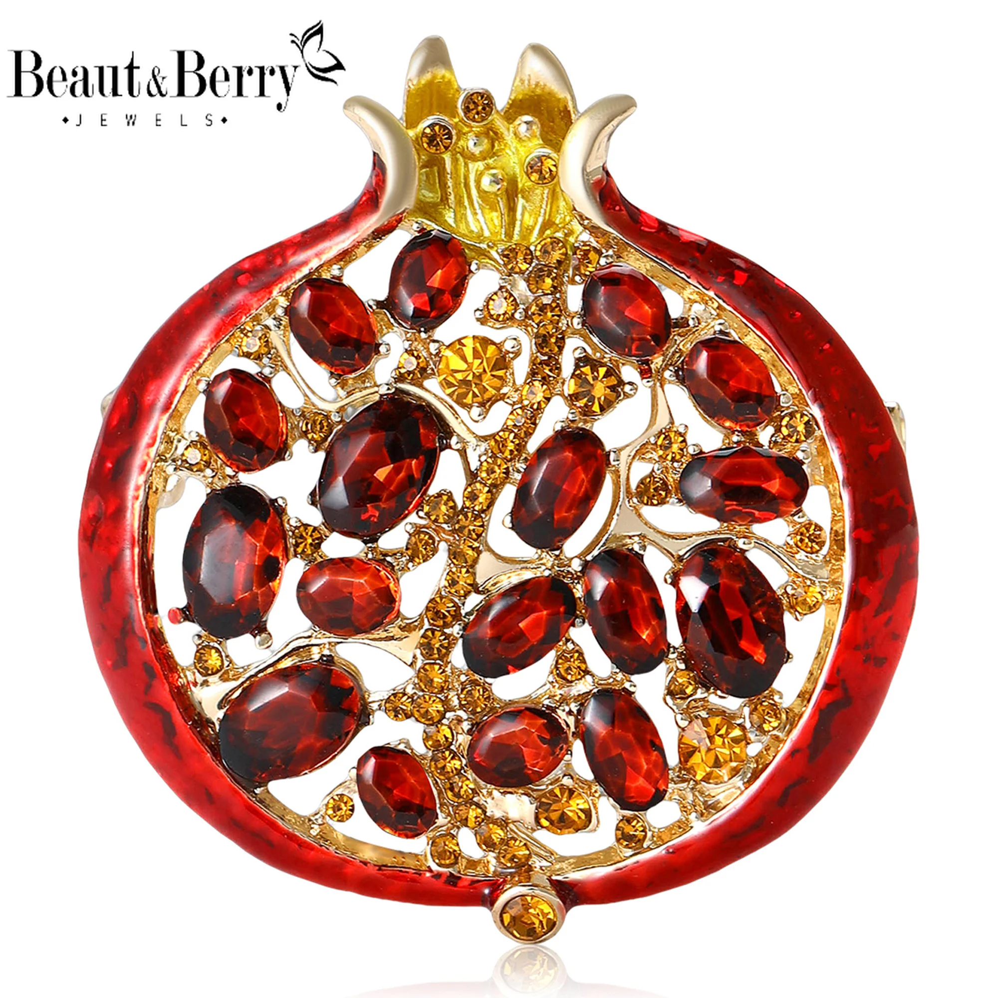 Beaut & Berry 여성을위한 럭셔리 라인 석 석류 브로치 에나멜 과일 식물 핀 캐주얼 파티 액세서리 새로운 선물 친구 title=Beaut & Berry 여성을위한 럭셔리 라인 석 석류 브로치 에나멜 과일 식물 핀 캐주얼 파티 액세서리 새로운 선물 친구 