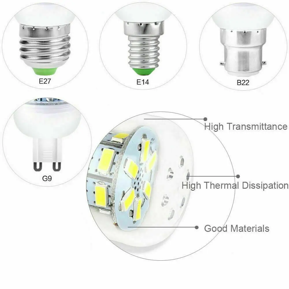 슈퍼 브라이트 LED 옥수수 전구, 7W-15W, E27, E14, B22, G9, GU10 나사, 24, 36, 48, 56, 69/72 LED 칩, 화이트 램프, 220V 앰플