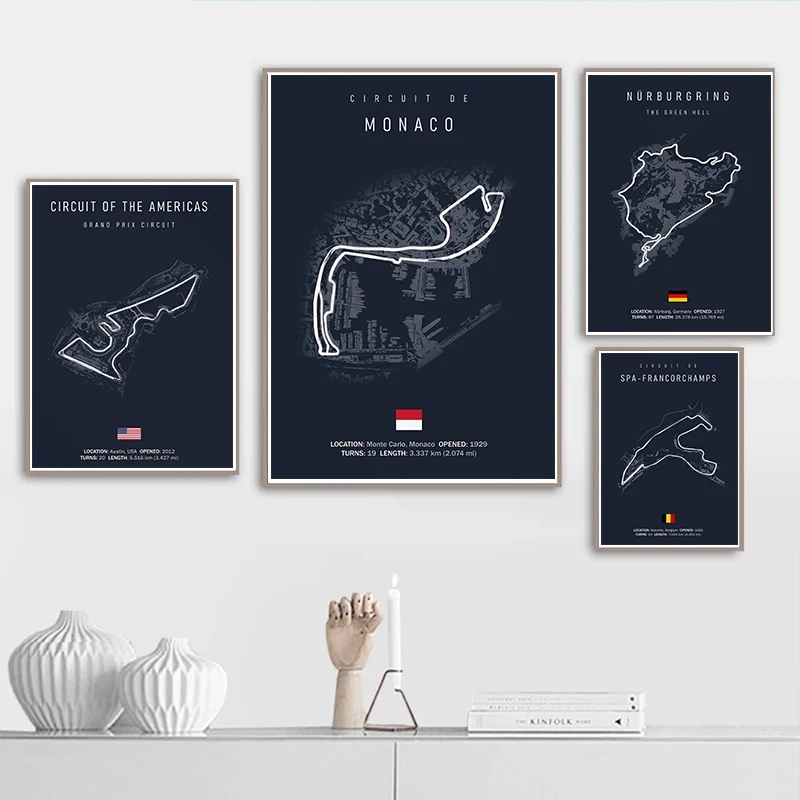 F1 Imola 모나코 트랙 회로 캔버스 페인팅 포뮬러 1 월 아트, 북유럽 포스터, 미적 모터스포츠 레이스 그림, 홈 데코