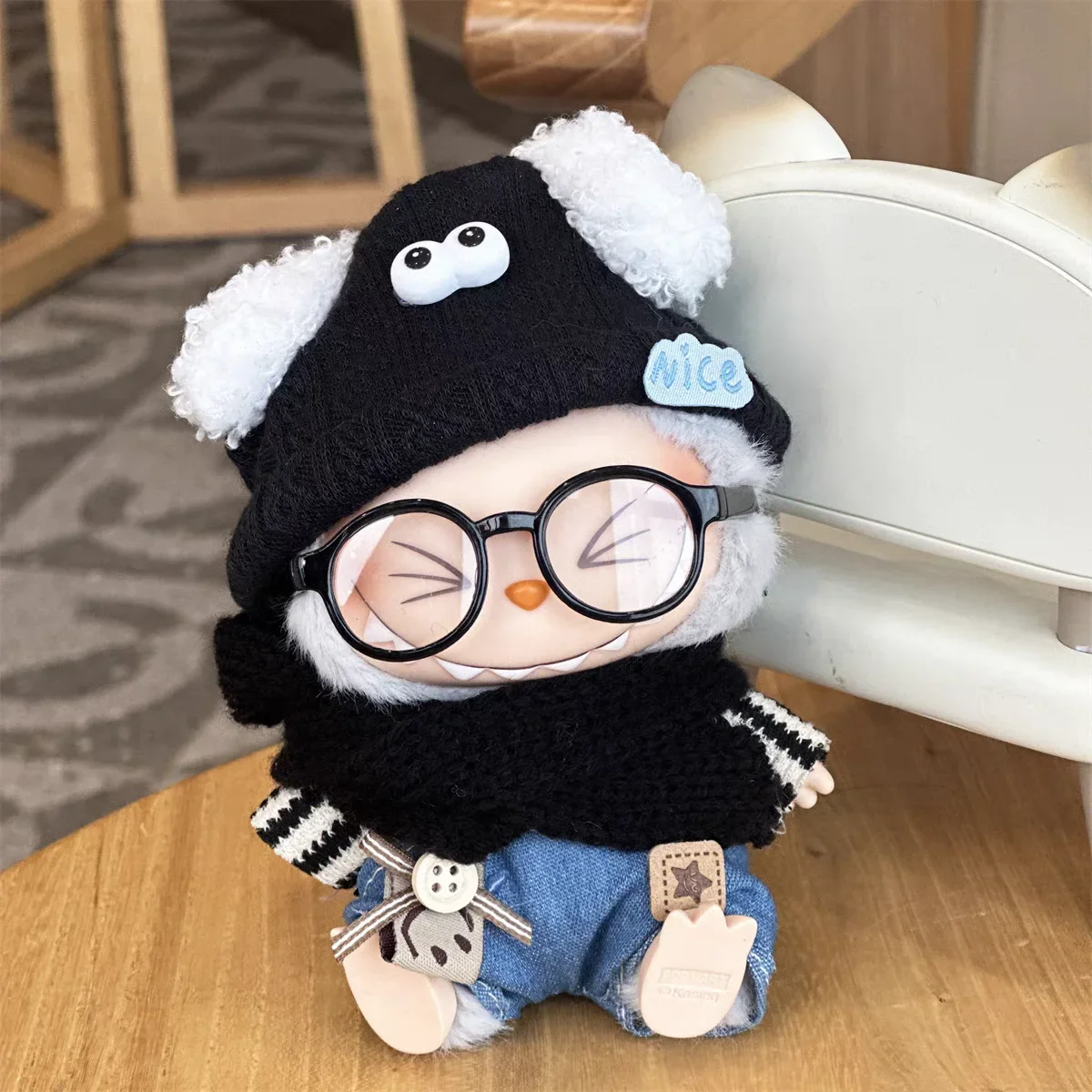 17cm Labubu V1 V2 개 모자 데님 스트랩 스트라이프 내부 Labubu 디자이너 의류 Labubu Ropa 용 패션 의류 세트