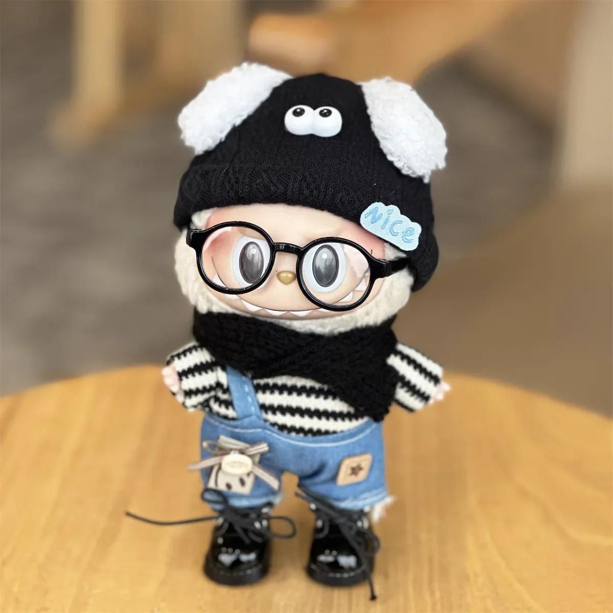 17cm Labubu V1 V2 개 모자 데님 스트랩 스트라이프 내부 Labubu 디자이너 의류 Labubu Ropa 용 패션 의류 세트