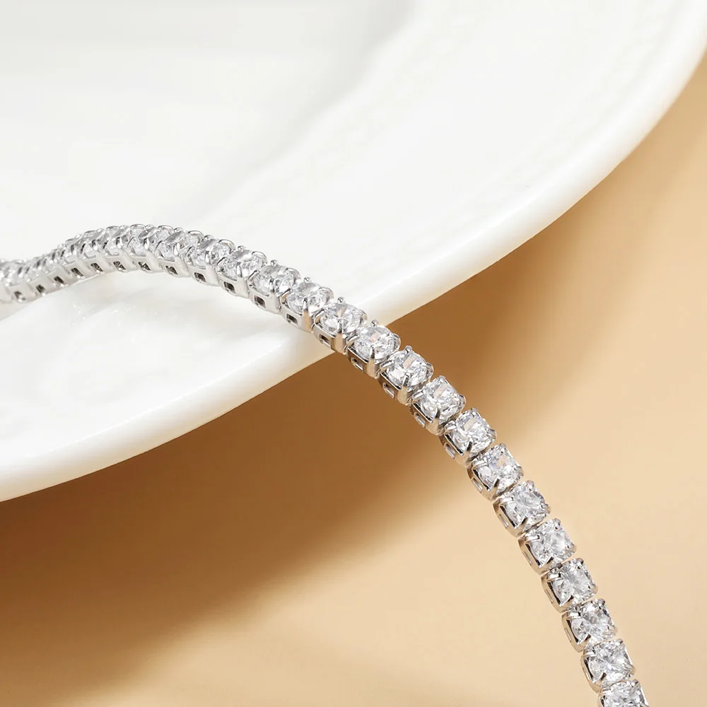 여성을위한 2mm Moissanite 테니스 목걸이 S925 실버 도금 18K 골드 스파클링 라인 석 초커 체인 웨딩 쥬얼리 조절 가능