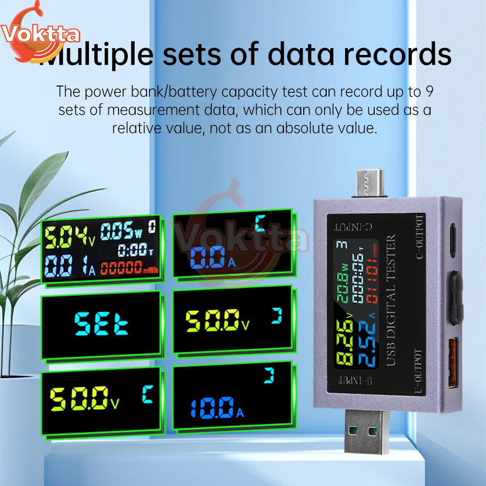듀얼 USB Type-C 테스터 DC 4.5-50V 0-8A 다기능 디지털 디스플레이 전압 전류계 전력계 보조베터리 충전 테스터