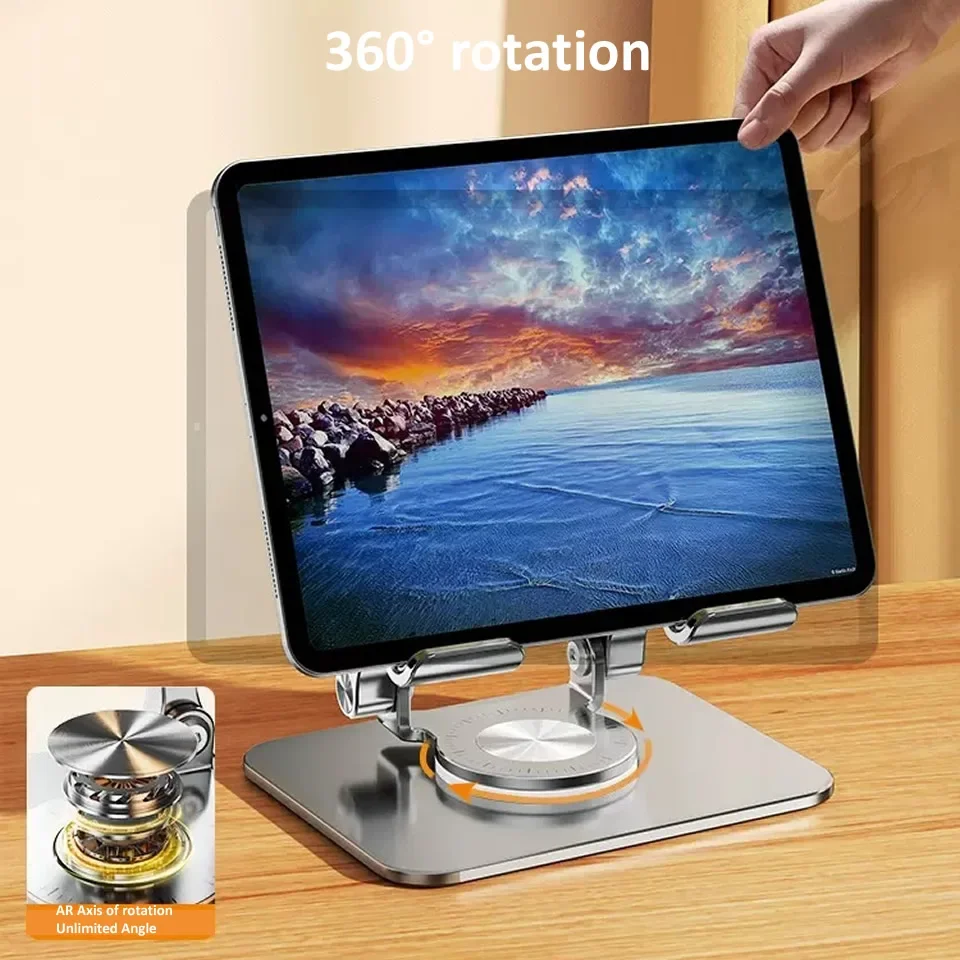 360 °   iPad용 회전 태블릿 ​​스탠드, 조절 가능한 접이식 태블릿 홀더, iPad Pro/Air/Mini와 호환되는 알루미늄 전화 스탠드