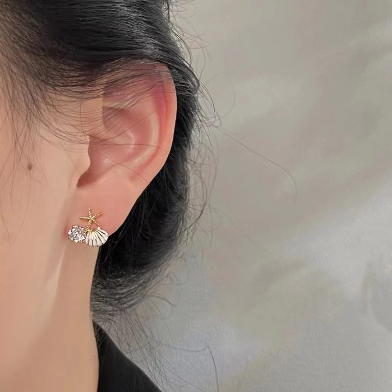여성용 비대칭 오션 스타일 귀걸이 스터드, 불가사리 쉘 귀걸이, 진주 모조 지르콘 쥬얼리 선물, 패션