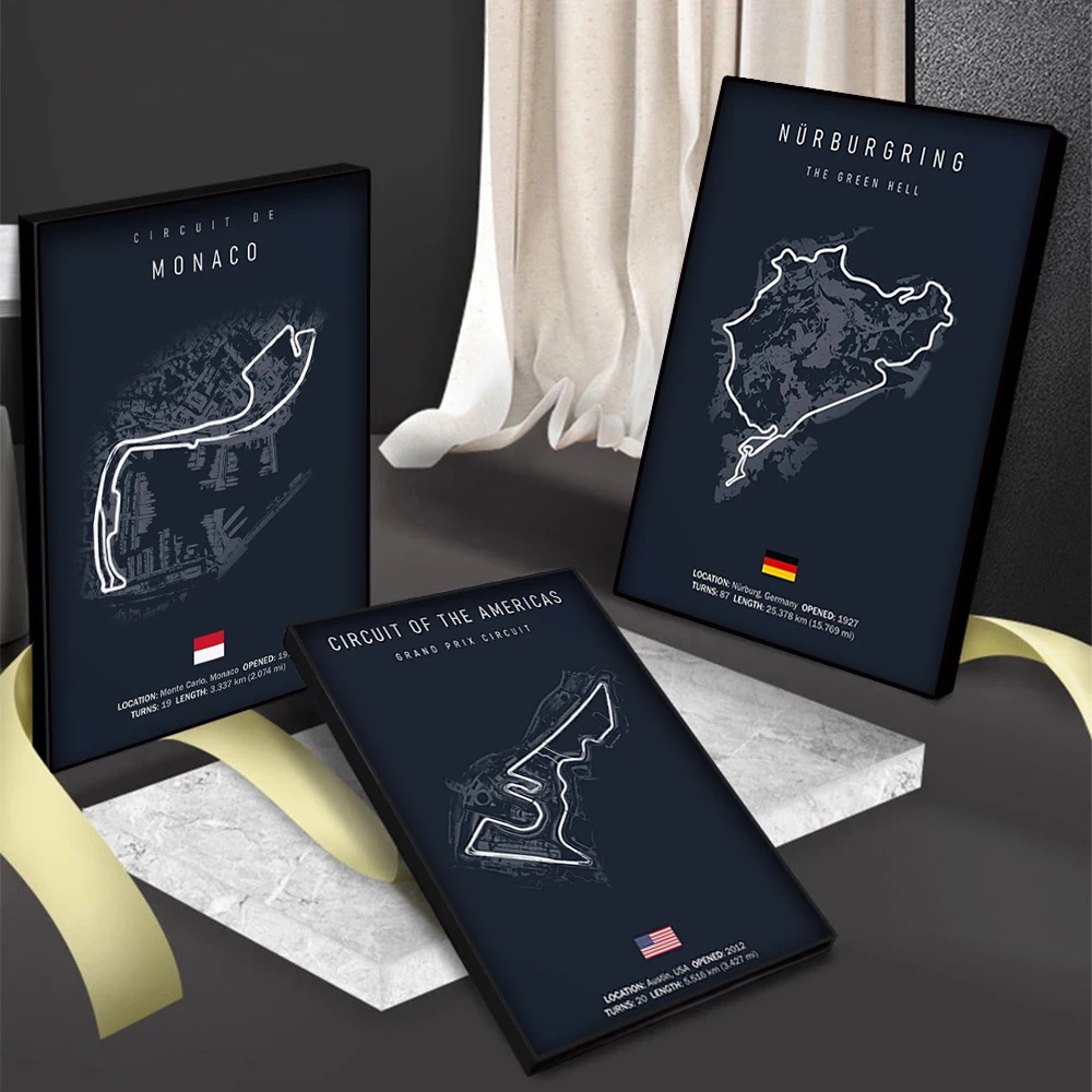 F1 Imola 모나코 트랙 회로 캔버스 페인팅 포뮬러 1 월 아트, 북유럽 포스터, 미적 모터스포츠 레이스 그림, 홈 데코