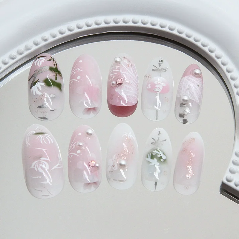 24Pcs 핑크 아몬드 거짓 손톱 달콤한 여름 가짜 손톱 귀여운 꽃 진주 손톱 프레스 온 여자를위한 손톱에 다채로운 모네 프레스