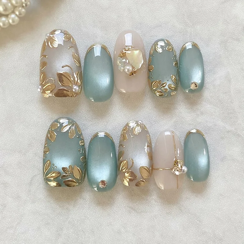 24Pcs 핑크 아몬드 거짓 손톱 달콤한 여름 가짜 손톱 귀여운 꽃 진주 손톱 프레스 온 여자를위한 손톱에 다채로운 모네 프레스