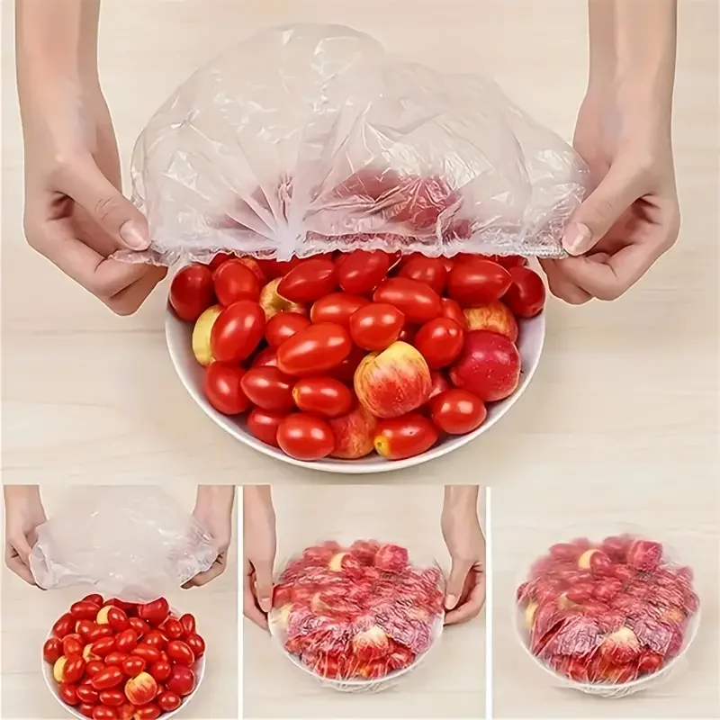 100pcs 일회용 식품 커버 Saran 랩 창자 커버 식품 등급 신선 유지 비닐 봉투 주방 보관 액세서리