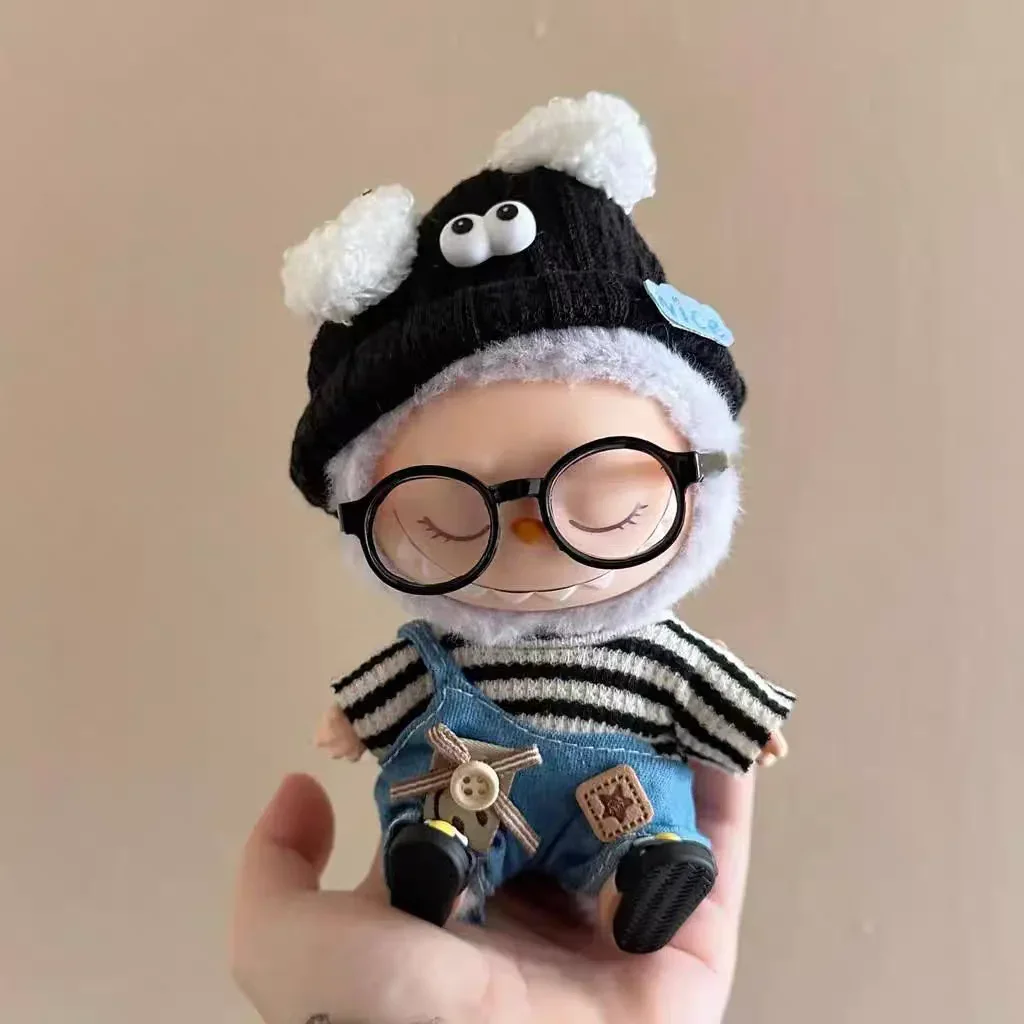 17cm Labubu V1 V2 개 모자 데님 스트랩 스트라이프 내부 Labubu 디자이너 의류 Labubu Ropa 용 패션 의류 세트