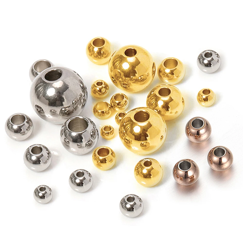 100pcs 2-8mm 스테인레스 스틸 골드 컬러 스페이서 비즈 매력 느슨한 구슬 DIY 팔찌 목걸이 비즈 보석 만들기 매력