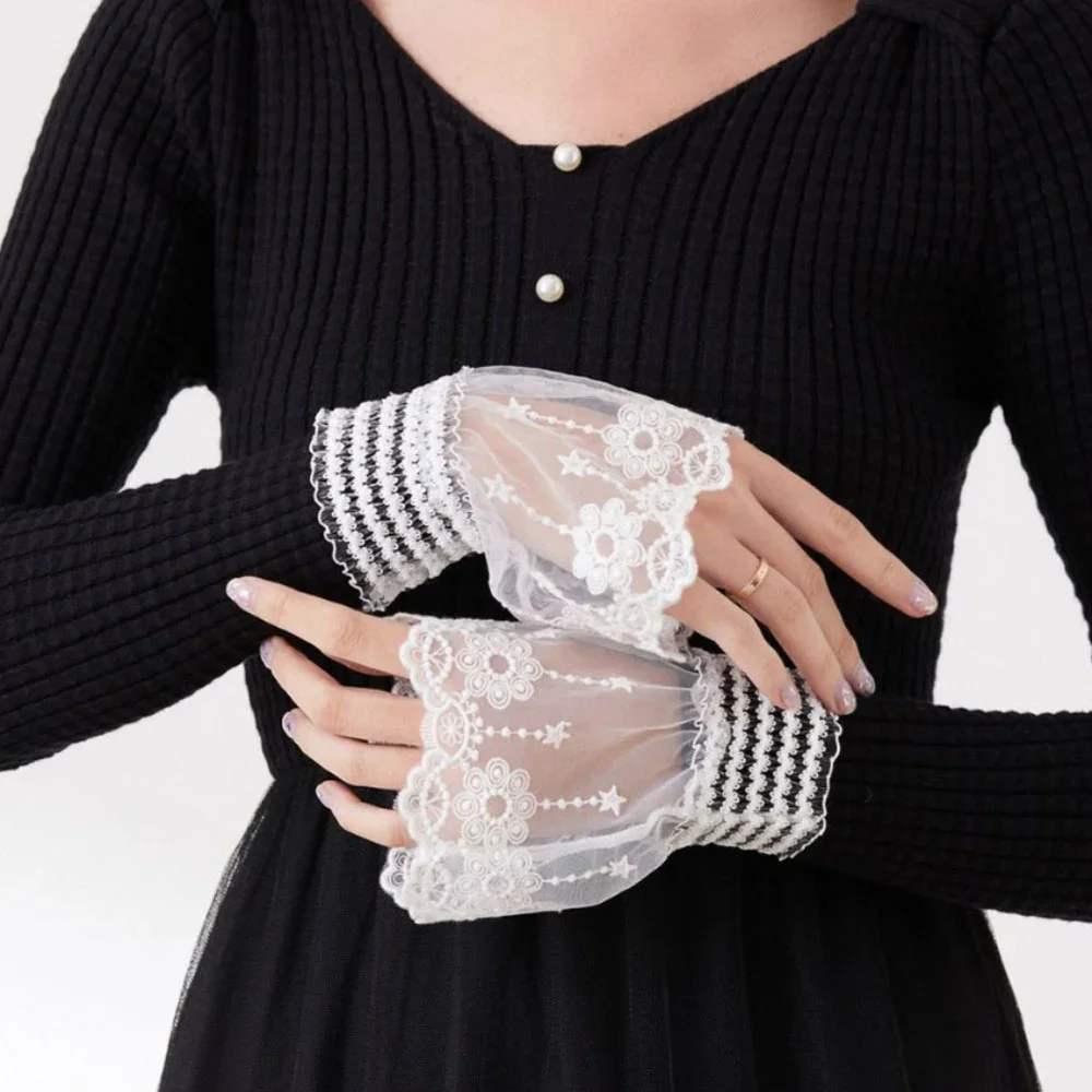 1 쌍 분리형 커프스 레이스 플라워 메쉬 가짜 플레어 슬리브 더블 레이어 Pleated Ruched False Cuffs 스웨터 블라우스 손목 워머