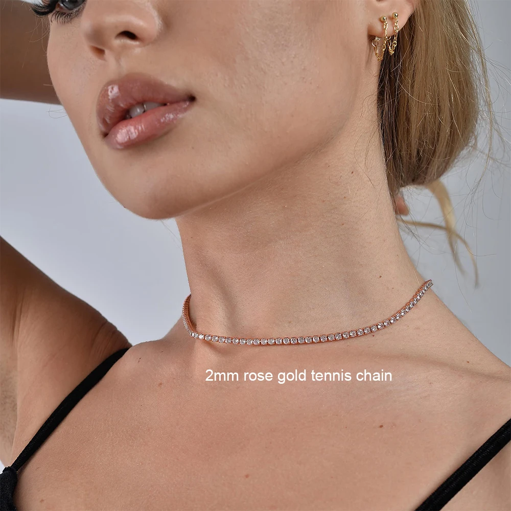 여성을위한 2mm Moissanite 테니스 목걸이 S925 실버 도금 18K 골드 스파클링 라인 석 초커 체인 웨딩 쥬얼리 조절 가능