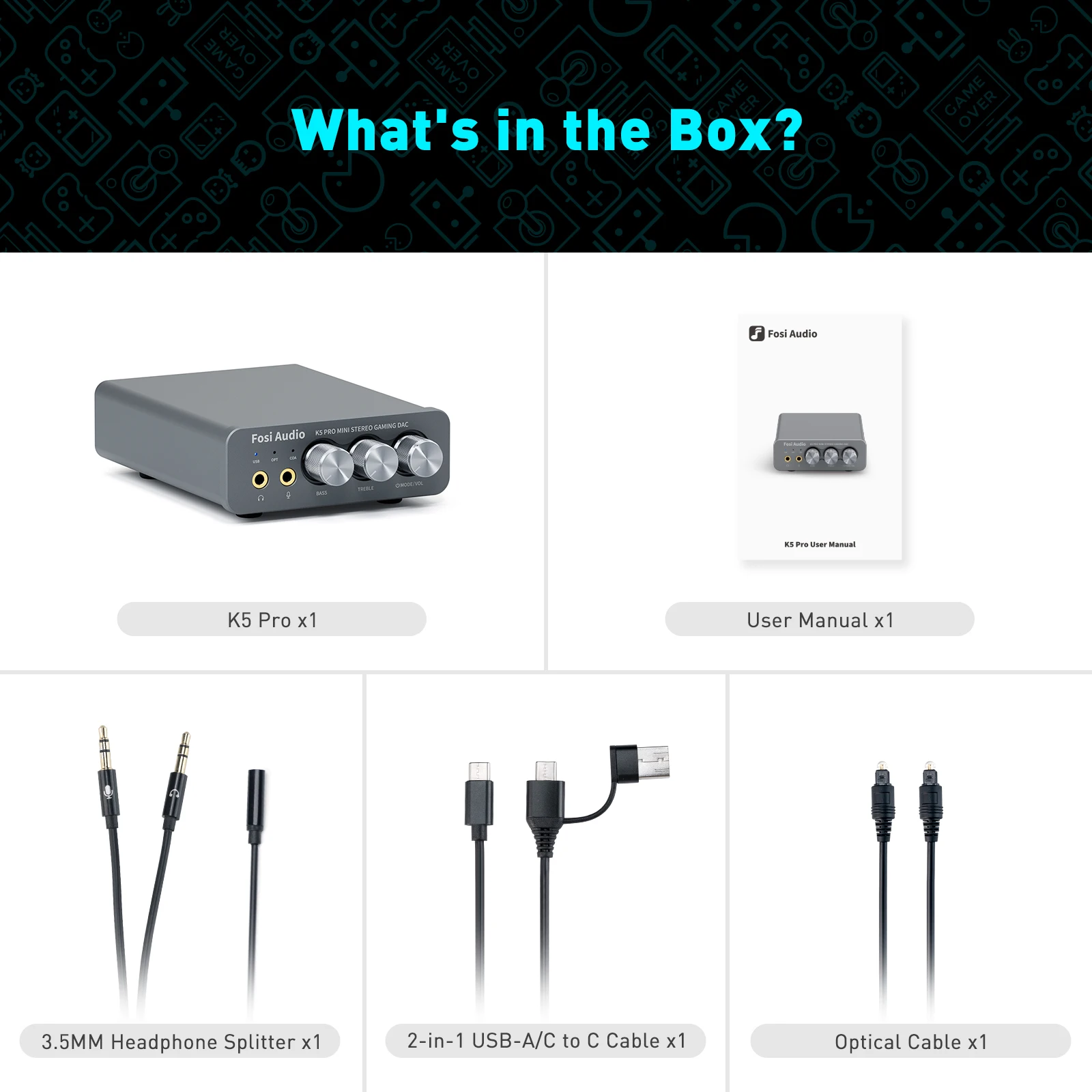 Fosi Audio K5 PRO 게임용 USB DAC(마이크 헤드폰 앰프 포함) PS5 데스크탑 전원 액티브 스피커용 미니 오디오 디코더