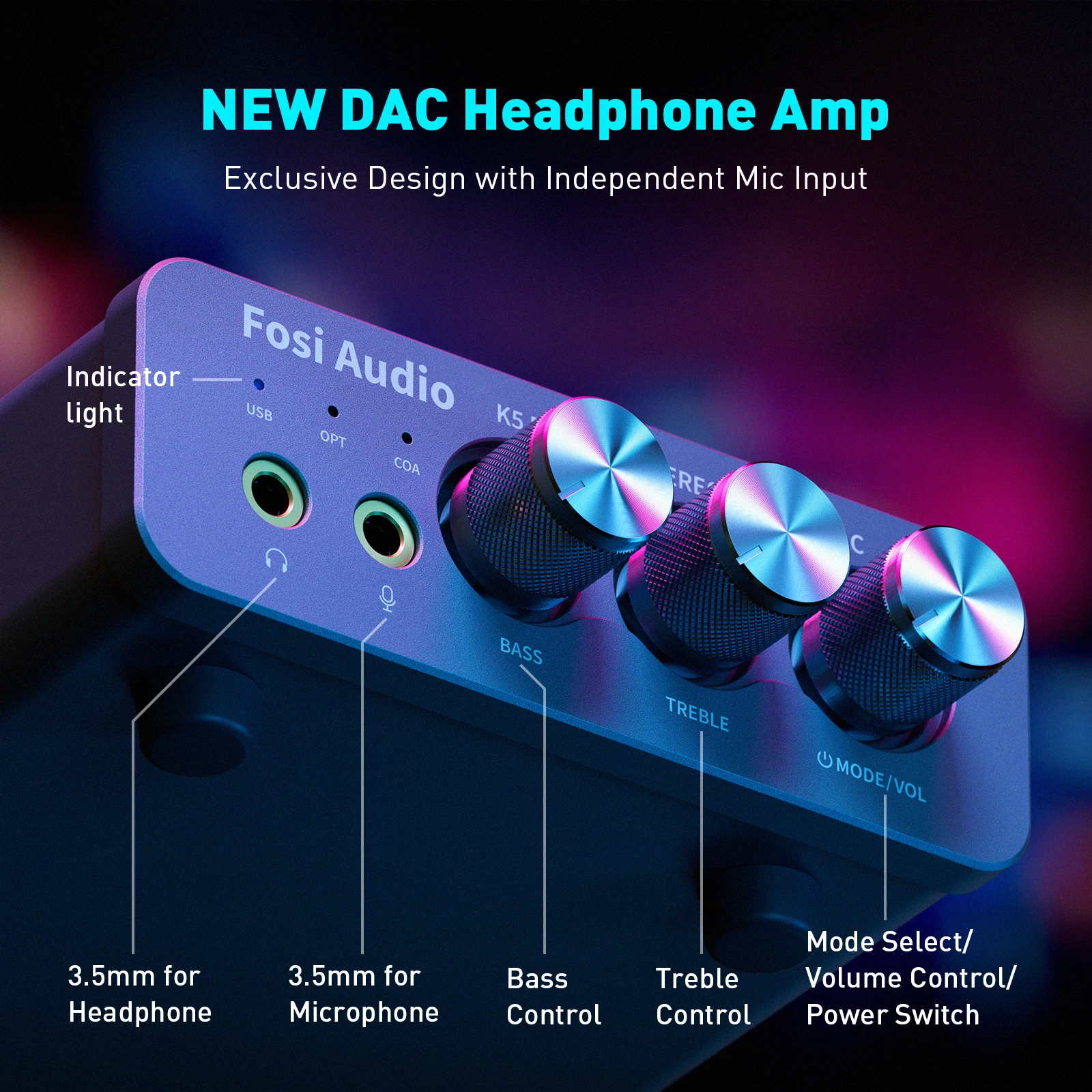 Fosi Audio K5 PRO 게임용 USB DAC(마이크 헤드폰 앰프 포함) PS5 데스크탑 전원 액티브 스피커용 미니 오디오 디코더