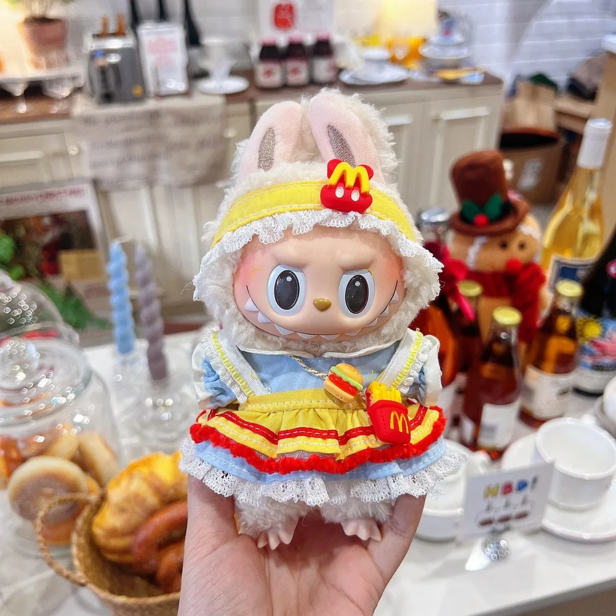 17cm V1V2 Labubu mcdonalds 의류 복장 작업 소녀 세트 귀여운 인형 작업복 의류 소년 복장 작업복 액세서리