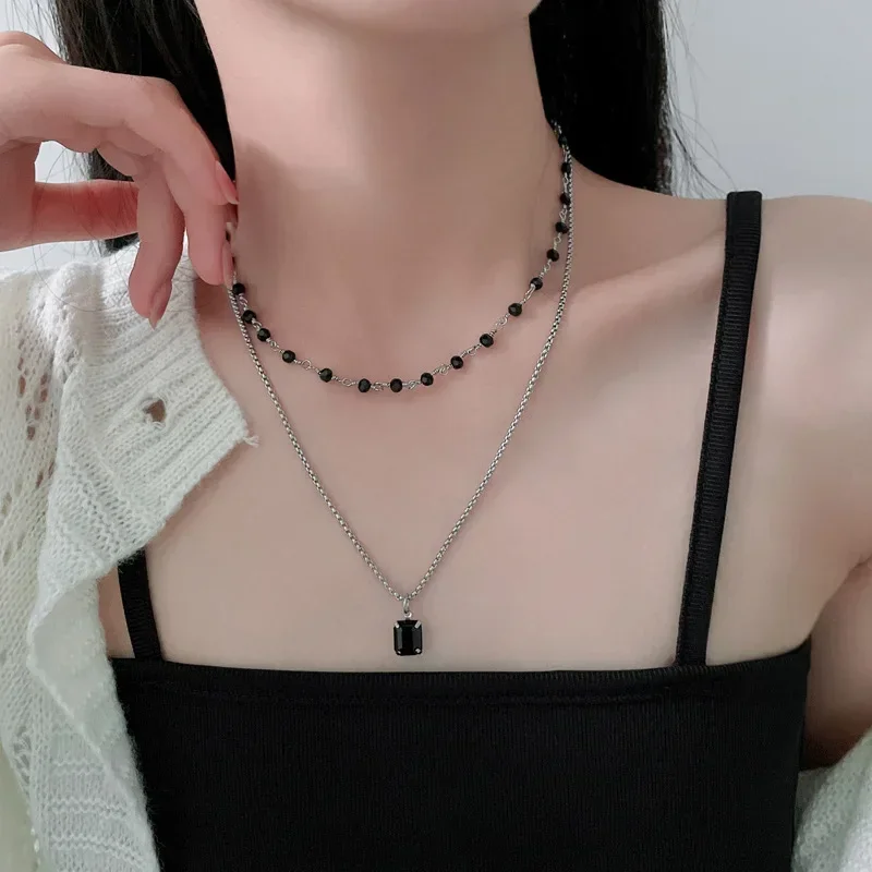 여성용 블랙 크리스탈 비즈 더블 레이어 목걸이, 맞춤형 패션 데일리 액세서리, 파티 쥬얼리, 생일 선물, 신제품