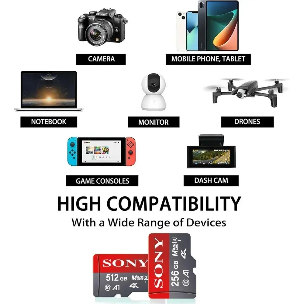 소니 TF 메모리 카드 1 테라바이트 고속 마이크로 SD 카드 128GB 1 테라바이트 512GB 256GB A2 U3 V30 SD TF 플래시 카드 Xiaomi 전화 컴퓨터