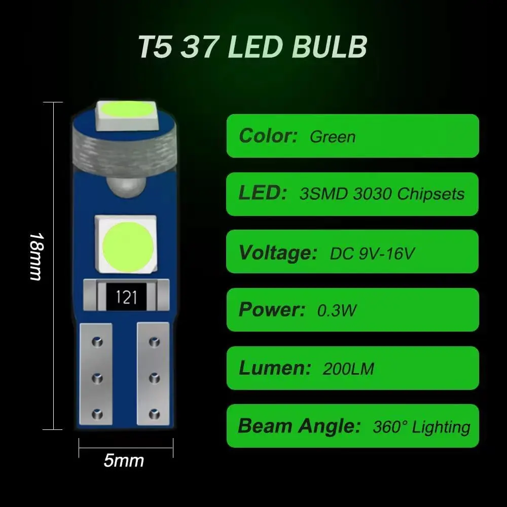 10Pcs T5 Led 전구 W3W W1.2W Led Canbus 자동차 인테리어 조명 대시 보드 다채로운 표시기 웨지 자동 악기 램프 12V