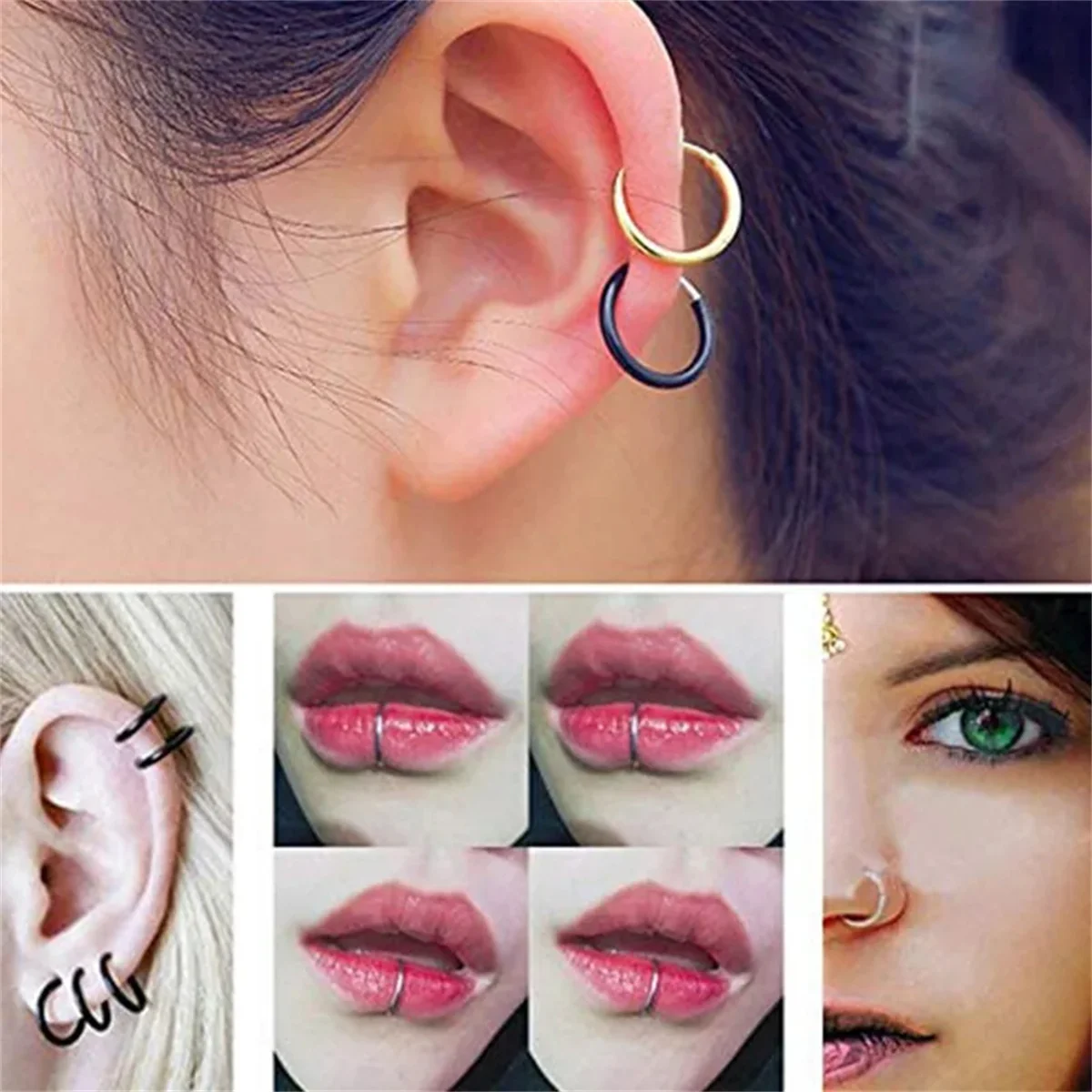 2/8pcs 가짜 코 링 고리, 귀에 클립 가짜 Septum 링 비 피어싱 스프링 후프 귀걸이 립 링 가짜 연골 귀걸이