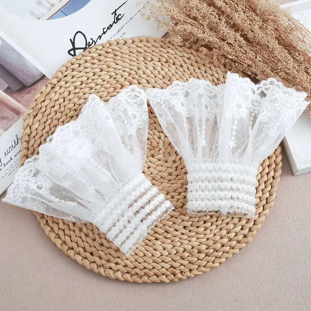1 쌍 분리형 커프스 레이스 플라워 메쉬 가짜 플레어 슬리브 더블 레이어 Pleated Ruched False Cuffs 스웨터 블라우스 손목 워머