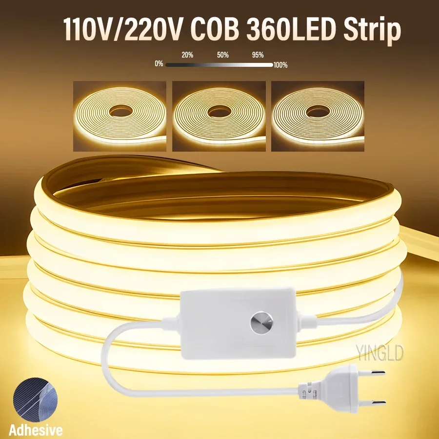 1M-50M 220V COB LED 스트립 디밍 가능 360LED/m EU 플러그 주방 홈 룸 장식 야외 정원 조명에 대 한 유연한 리본 title=1M-50M 220V COB LED 스트립 디밍 가능 360LED/m EU 플러그 주방 홈 룸 장식 야외 정원 조명에 대 한 유연한 리본 