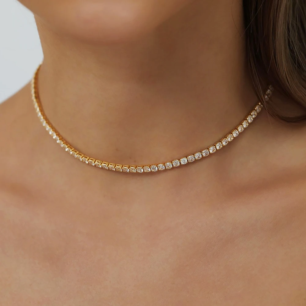 여성을위한 2mm Moissanite 테니스 목걸이 S925 실버 도금 18K 골드 스파클링 라인 석 초커 체인 웨딩 쥬얼리 조절 가능