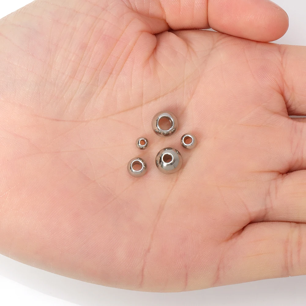 100pcs 3/4/5/6/8/10mm 실버 스테인레스 스틸 스페이서 비즈 느슨한 공 큰 구멍 1.2-5mm 매력 팔찌 쥬얼리 만들기