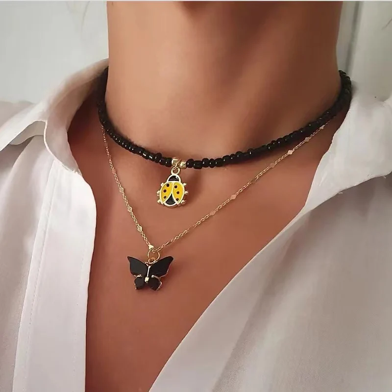 보헤미안 다층 수제 비즈 체인 패션 목걸이 오일 하트 크로스 펜던트 쥬얼리 여성 액세서리 X0189