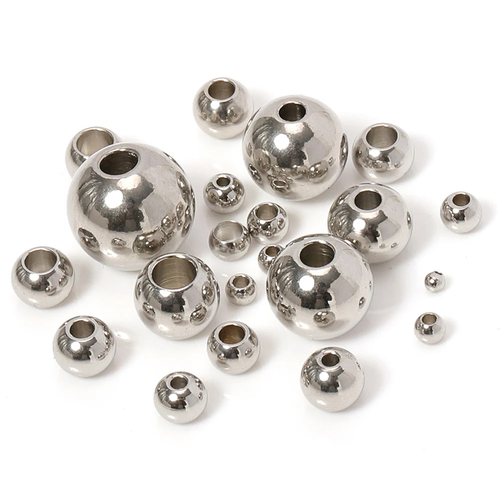 100pcs 3/4/5/6/8/10mm 실버 스테인레스 스틸 스페이서 비즈 느슨한 공 큰 구멍 1.2-5mm 매력 팔찌 쥬얼리 만들기