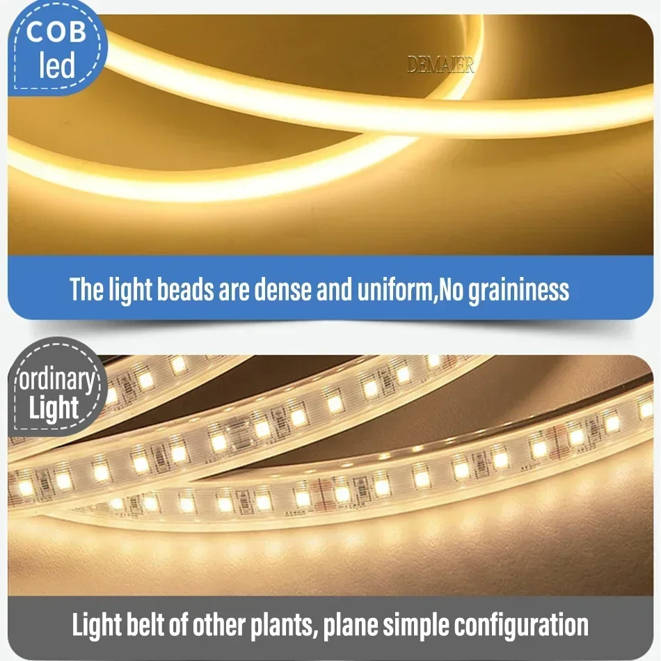 1M-50M 220V COB LED 스트립 디밍 가능 360LED/m EU 플러그 주방 홈 룸 장식 야외 정원 조명에 대 한 유연한 리본