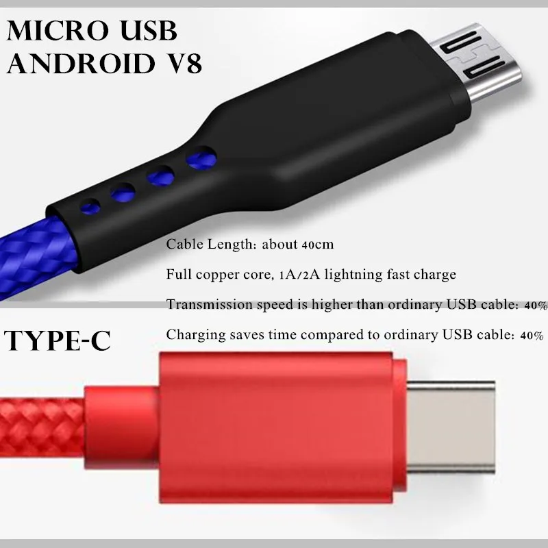 유형 C 마이크로 USB 안드로이드 V8 데이터 케이블 나일론 직조 삼성/HuaWei/MI/OPPO/MP3용 전체 구리 코어 고속 충전 및 전송 케이블
