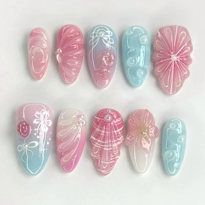 24Pcs 핑크 아몬드 거짓 손톱 달콤한 여름 가짜 손톱 귀여운 꽃 진주 손톱 프레스 온 여자를위한 손톱에 다채로운 모네 프레스