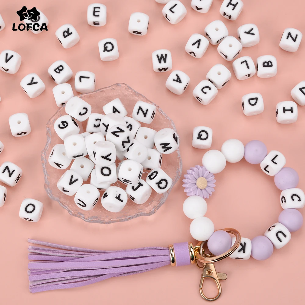 LOFCA 10pcs 12MM 실리콘 문자 비즈 DIY 쥬얼리 액세서리 팔찌를 만들기위한 영어 알파벳 비즈 BPA 무료 식품 등급