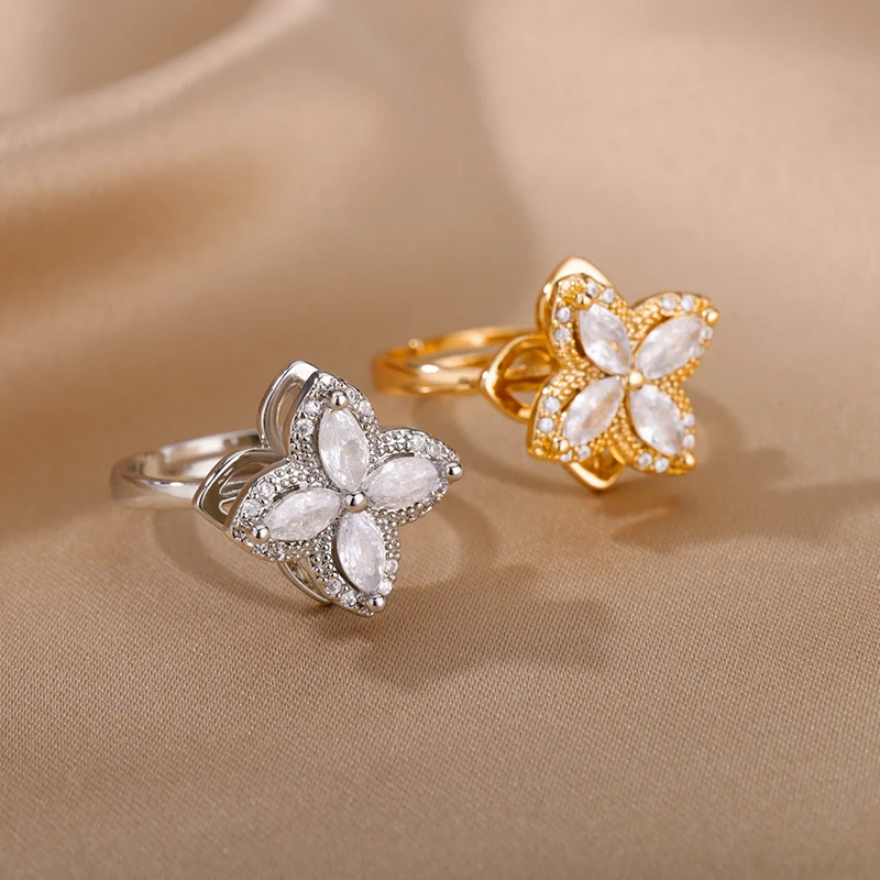 여성을위한 네 클로버 회전 불안 반지 골드 컬러 조절 스테인레스 스틸 결혼 반지 미적 보석 선물 anillos