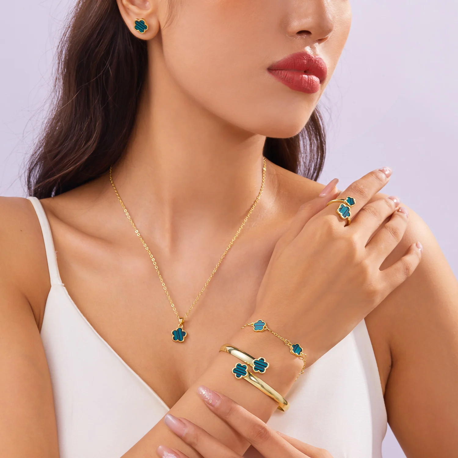 5 개/대 여성을위한 다채로운 에나멜 매화 꽃 팔찌 행운의 다섯 잎 꽃 목걸이 귀걸이 우아함 파티 쥬얼리 선물