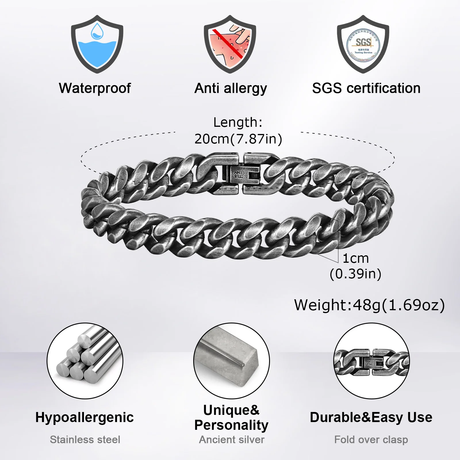 남성용 레트로 쿠바 체인 팔찌, 빈티지 골동품 스테인레스 스틸 커브 돔 링크 팔찌, 락 펑크 세련된 보석 선물