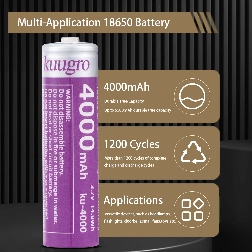 Kuugro 18650 4000mAh 뾰족한 헤드 배터리 3.7V 최대 용량 12A 손전등 배터리 용 방전 충전식 배터리
