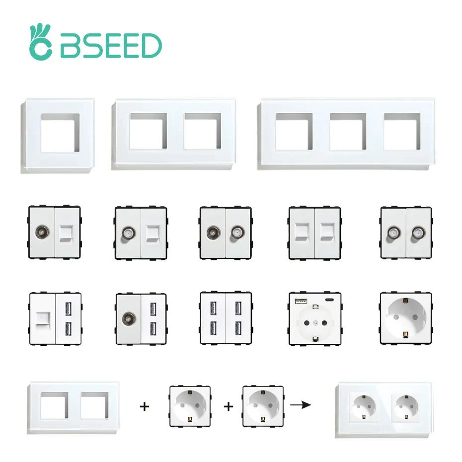 BSEED 흰색 유리 패널 인터넷 소켓 TV ST CAT5 RJ45 기능 부품 더블 USB 소켓 EU 벽 플러그 DIY 무료 조합 title=BSEED 흰색 유리 패널 인터넷 소켓 TV ST CAT5 RJ45 기능 부품 더블 USB 소켓 EU 벽 플러그 DIY 무료 조합 