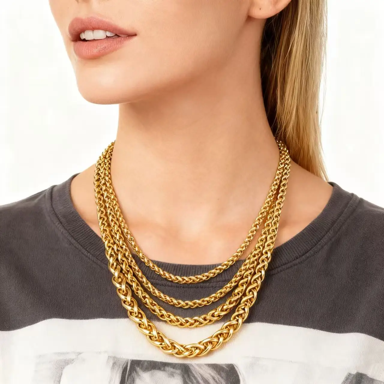 HNSP 스테인리스 스틸 실버 컬러 트위스트 로프 체인 목걸이 남성 여성 힙합 펑크 주얼리 액세서리 3/4/5/6/8MM 두께