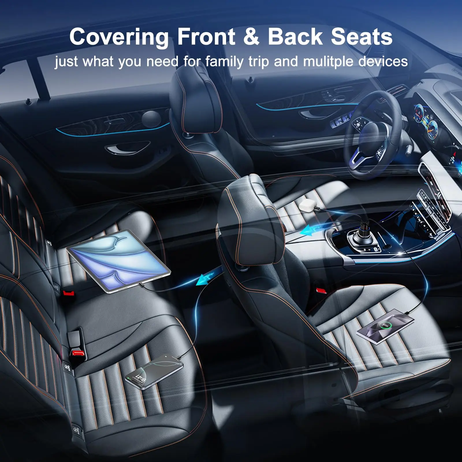 6-in-1 차량용 충전기 어댑터, USB PD 타입 C 케이블, 아이폰 고속 충전 코드, 시가잭 QC 디스플레이, 차량 내부 액세서리, 스마트폰 호환, 디지털 전압계 포함, 자동차용 멀티 충전기